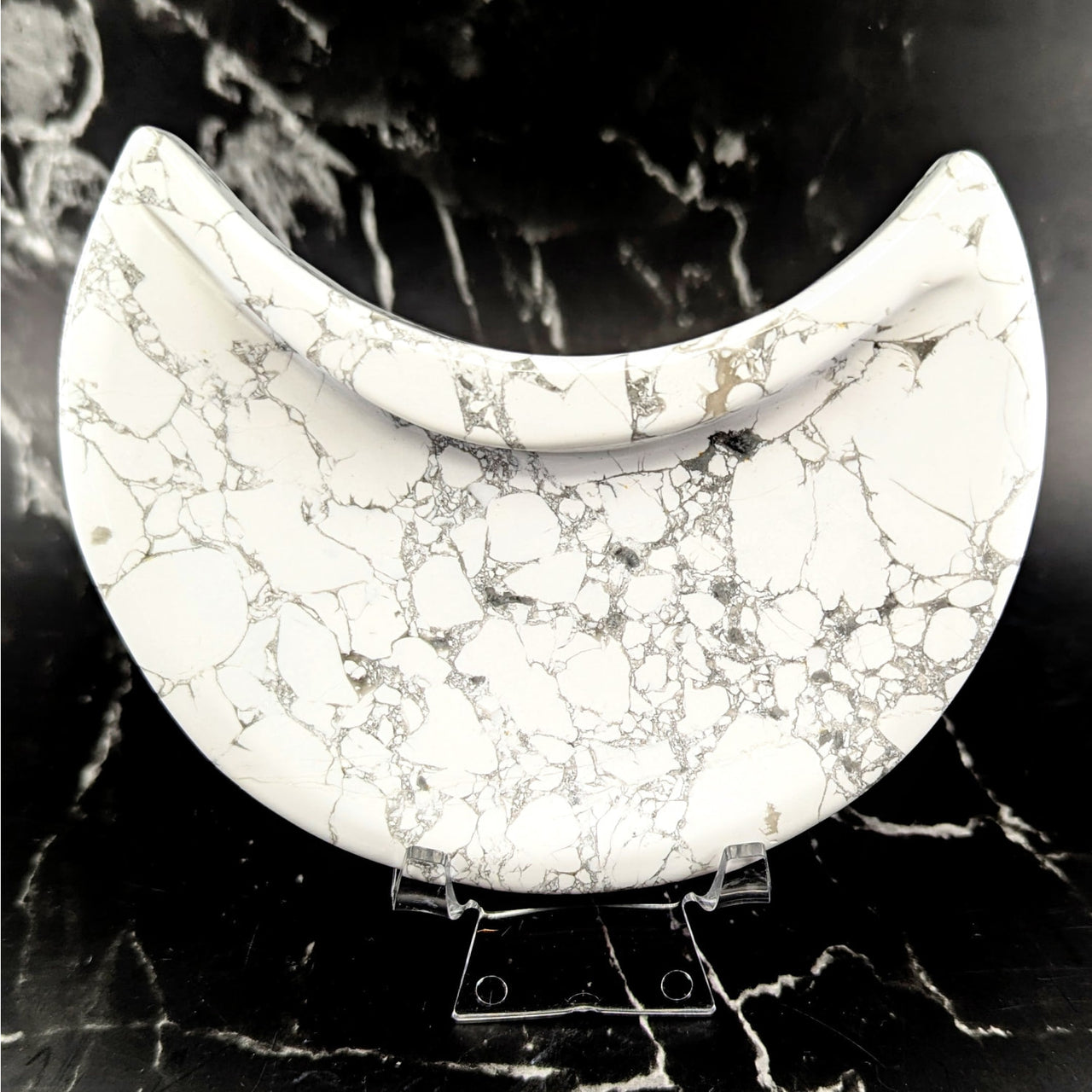 White howlite 5-inch moon plate with marbled gray and black veins #BC0601