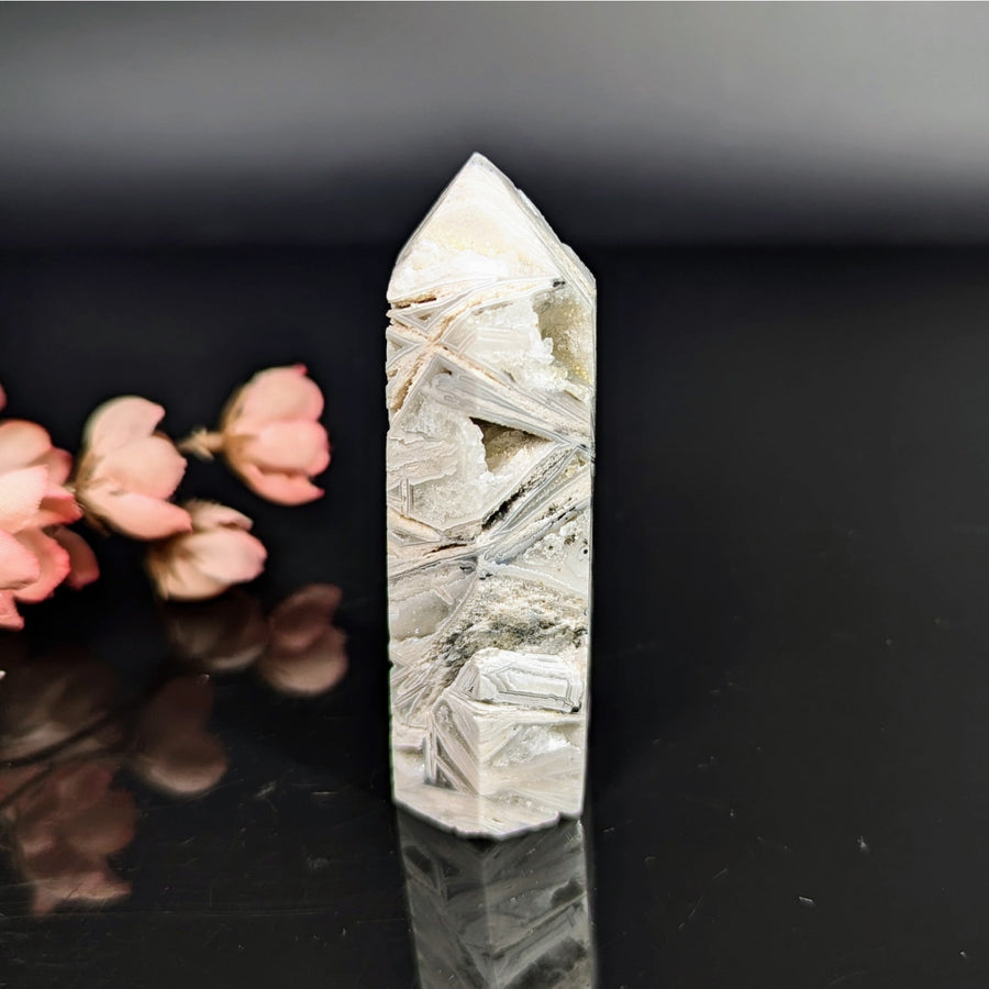 White Lace Agate 2.9’’ Tower #BC0340 translucent quartz crystal