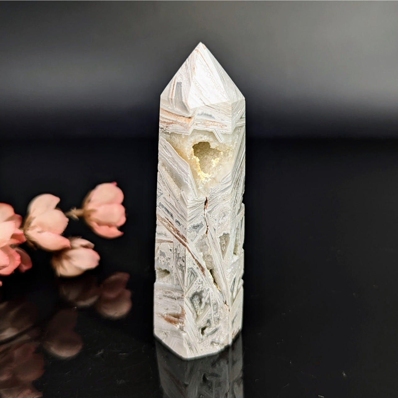 Translucent white lace agate 3.5-inch geode tower with banding #BC0341