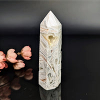 Translucent white lace agate 3.5-inch geode tower with banding #BC0341
