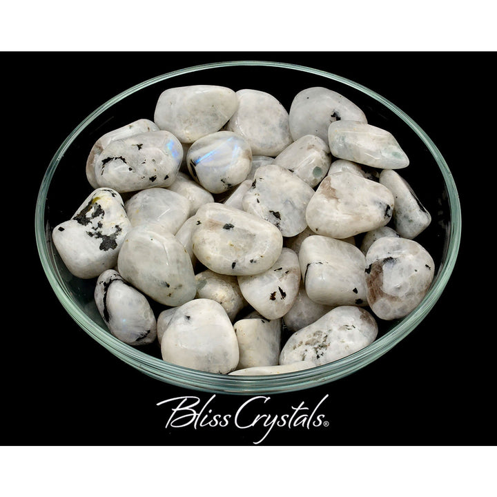 White MOONSTONE Tumbled Stone w Black Tourmaline aka Rainbow Moonstone WM54