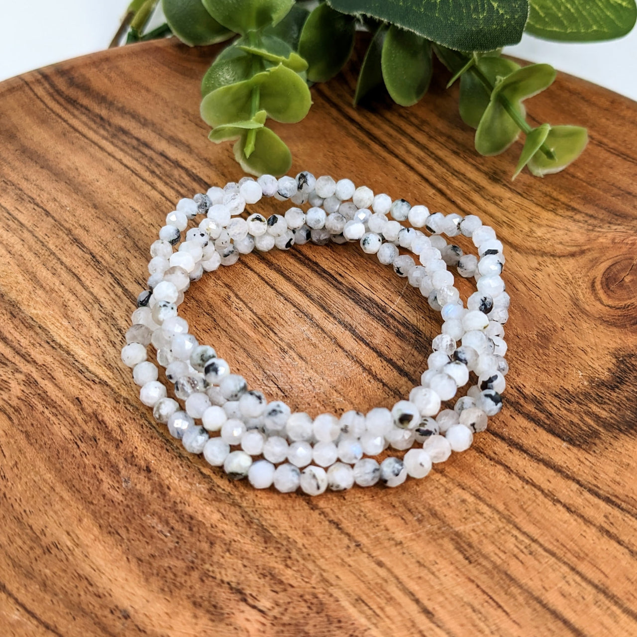 White Moonstone w/ Black Tourmaline Bracelet #LV2417 showcasing 4 mm faceted howlite beads