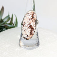 Oval white and brown wild horse magnesite ring, handcrafted crystal healing jewelry