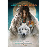 Book cover of Wild Woman Rising Oracle Deck with mystical figure and white wolf