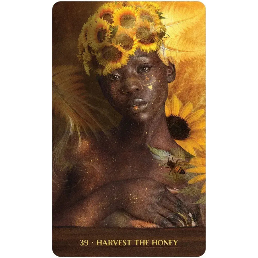 Dreamy portrait with sunflowers and golden light from Wild Woman Rising Oracle Deck