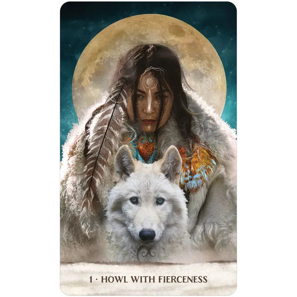 Mystical artwork of a white wolf and figure in feathered attire for Wild Woman Rising Oracle Deck
