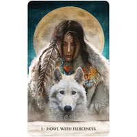 Mystical artwork of a white wolf and figure in feathered attire for Wild Woman Rising Oracle Deck