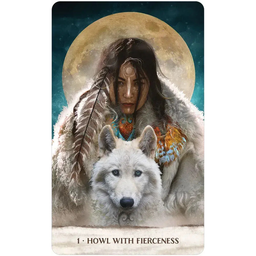 Mystical artwork of a white wolf and figure in feathered attire for Wild Woman Rising Oracle Deck