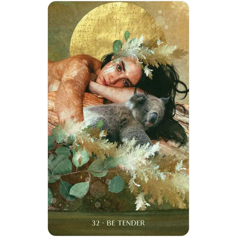 Tender moment between a woman and gray dog from Wild Woman Rising Oracle Deck