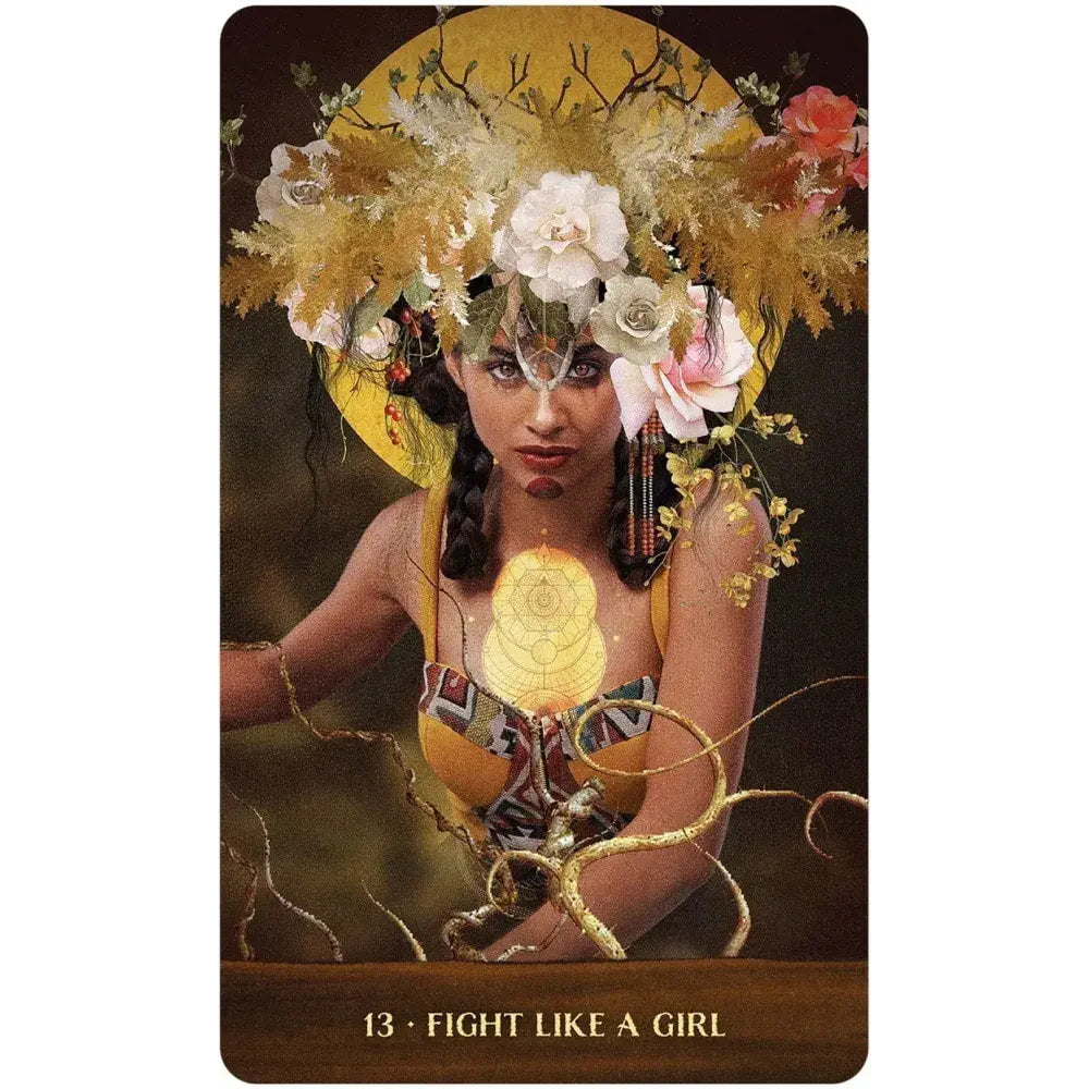 Mystical warrior with floral headdress and orb from Wild Woman Rising Oracle Deck