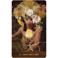 Mystical warrior with floral headdress and orb from Wild Woman Rising Oracle Deck