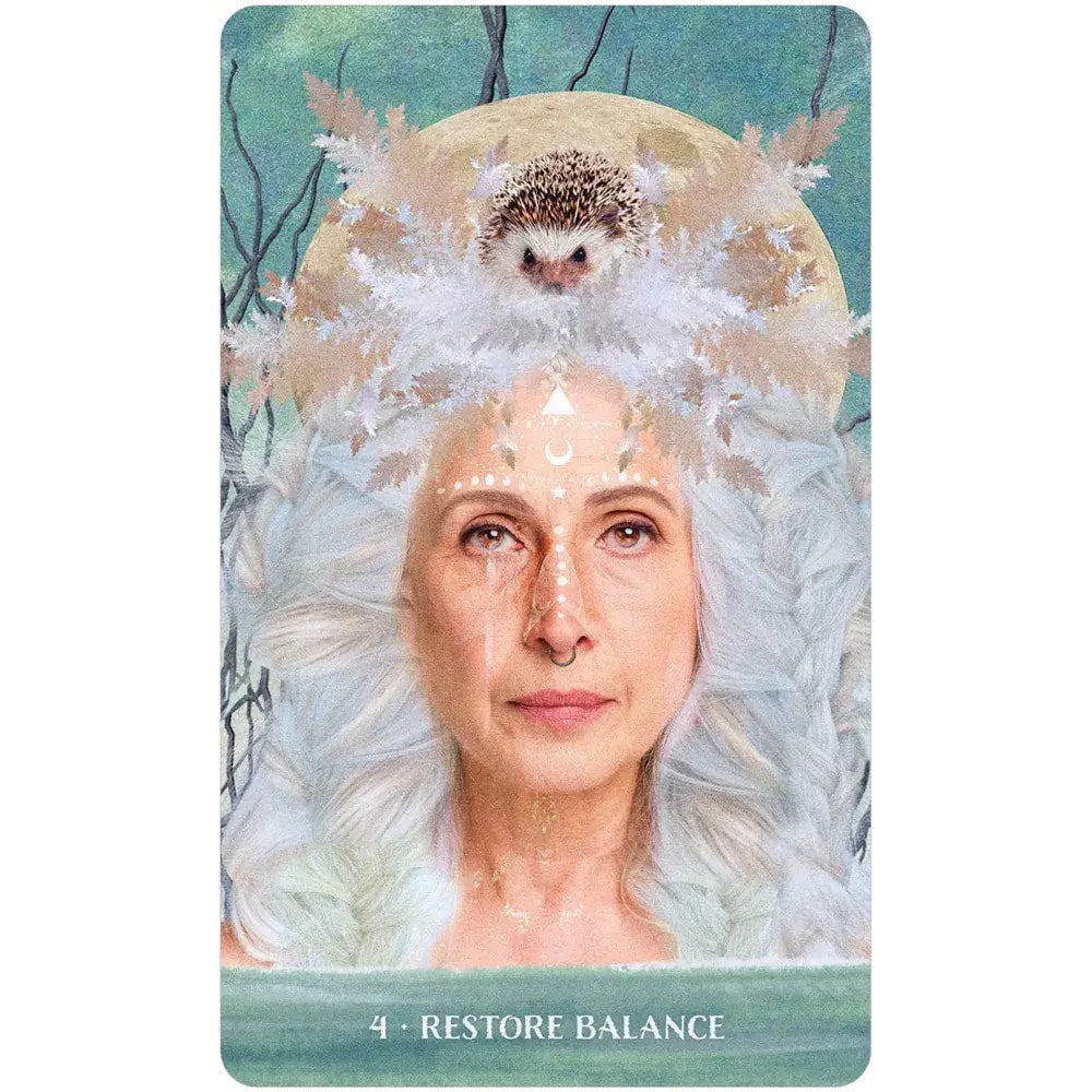 Hedgehog on white feathers in Wild Woman Rising Oracle Deck #LV4405 design