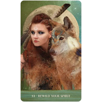 Mystical portrait of a wolf and woman against the full moon for Wild Woman Rising Oracle Deck