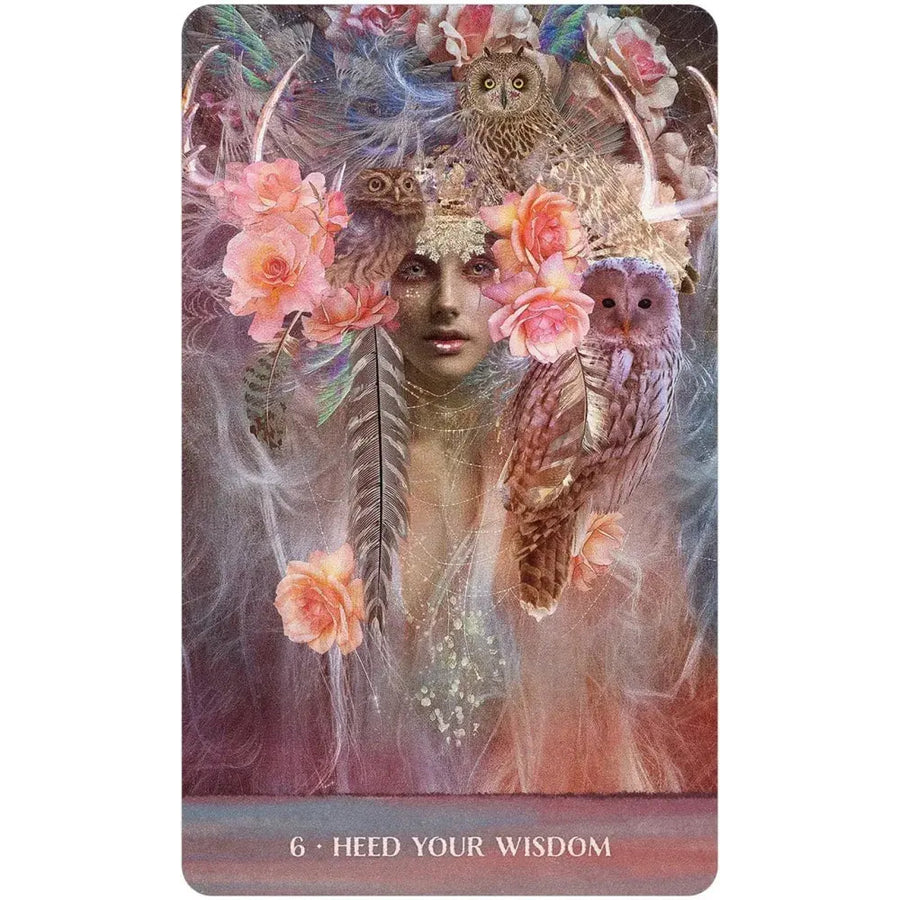 Ethereal figure with flowers and owl in mist for Wild Woman Rising Oracle Deck LV4405