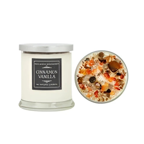 Cinnamon vanilla soy candle jar with white wax, silver lid, dried fruit
