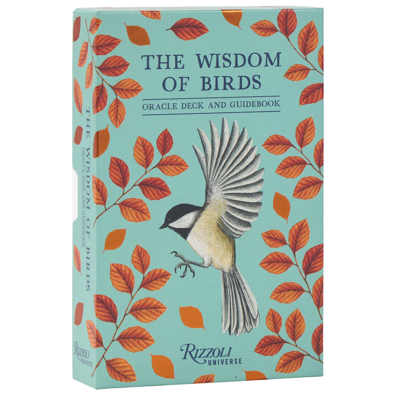 A beautifully illustrated oracle deck and guidebook featuring a black-capped chickadee with autumn leaves for crystal and gemstone readings