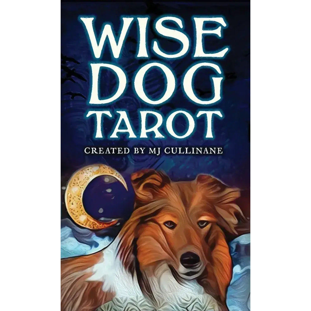 Wise Dog Tarot deck cover with expressive Shetland sheepdog on blue moon background
