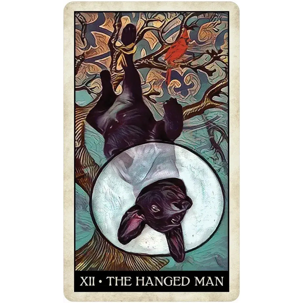 Wise Dog Tarot #LV9576: Hanged Man card with upside-down black dog in tree