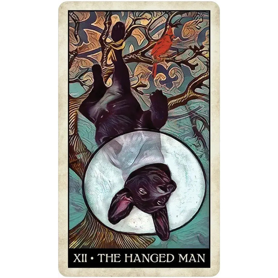 Wise Dog Tarot #LV9576: Hanged Man card with upside-down black dog in tree