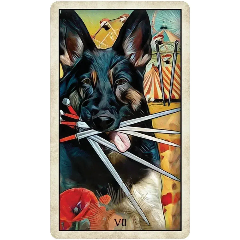 Wise Dog Tarot #LV9576: German Shepherd with silver blades in circus scene