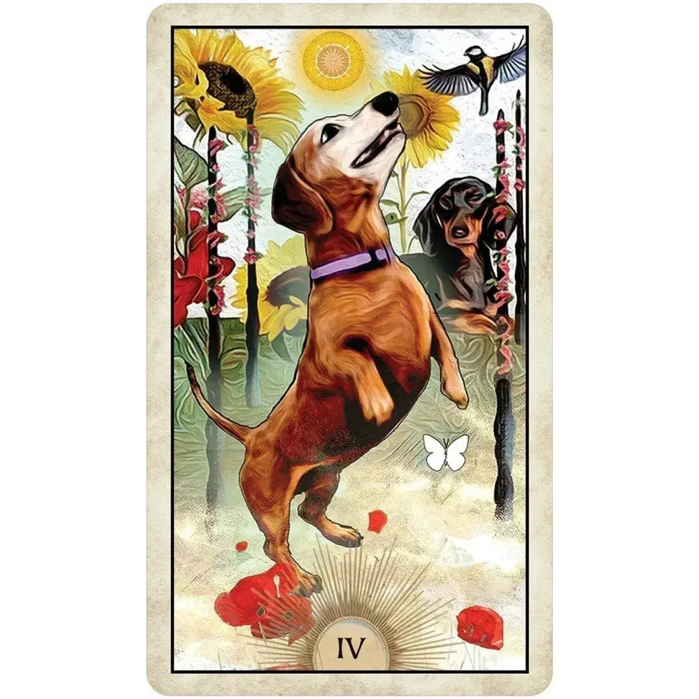 Whimsical Wise Dog Tarot #LV9576 card: leaping brown dachshund with purple collar toward sunflowers under yellow sun