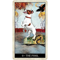Wise Dog Tarot #LV9576: Jack Russell terrier with red collar on stone slab amid mystical butterflies, crows, moon