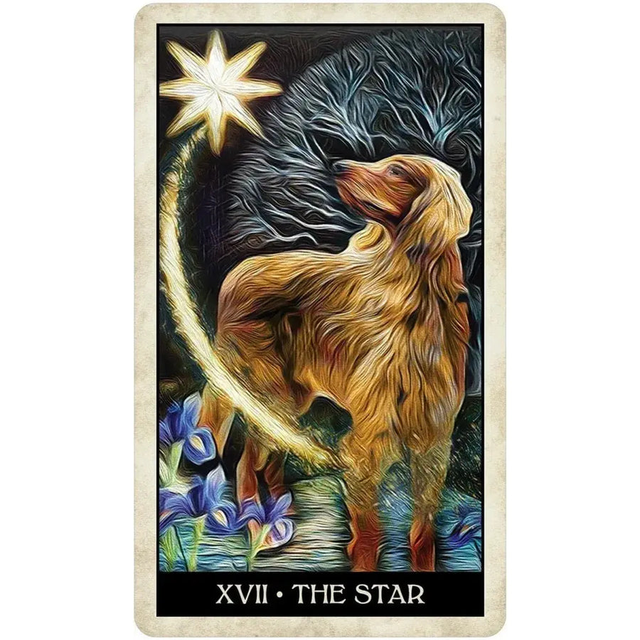 Wise Dog Tarot #LV9576 card: golden dog under star with blue flowers