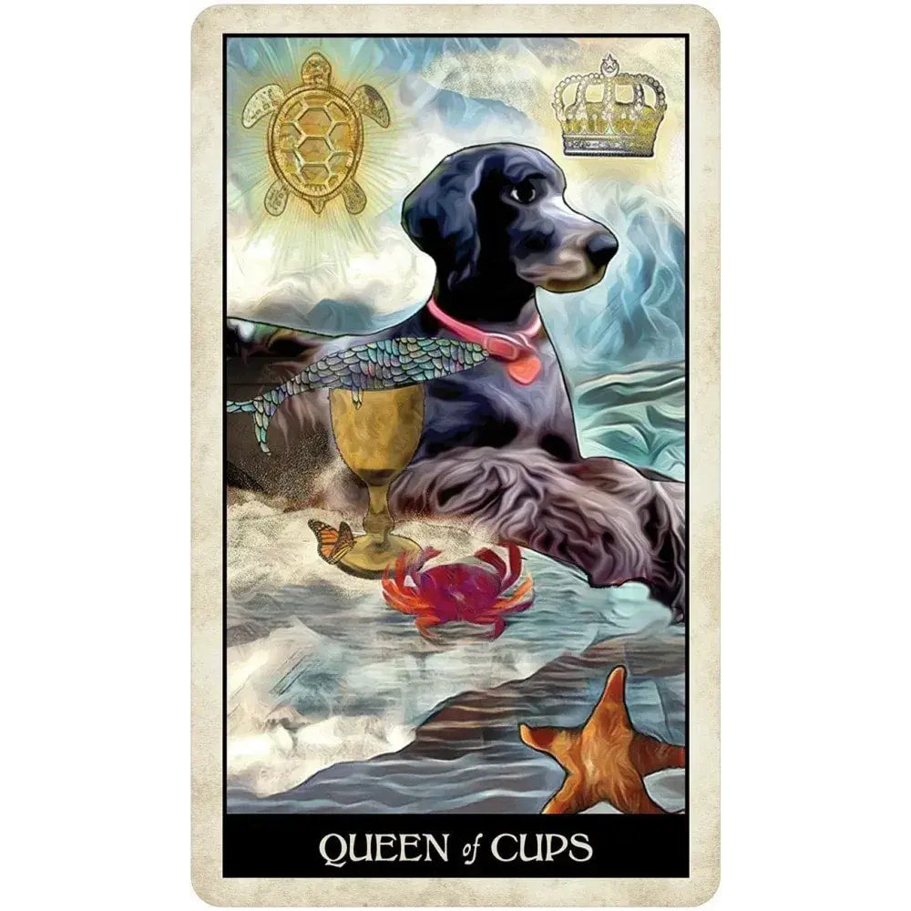 Artistic black dog as Queen of Cups tarot card, Wise Dog Tarot LV9576