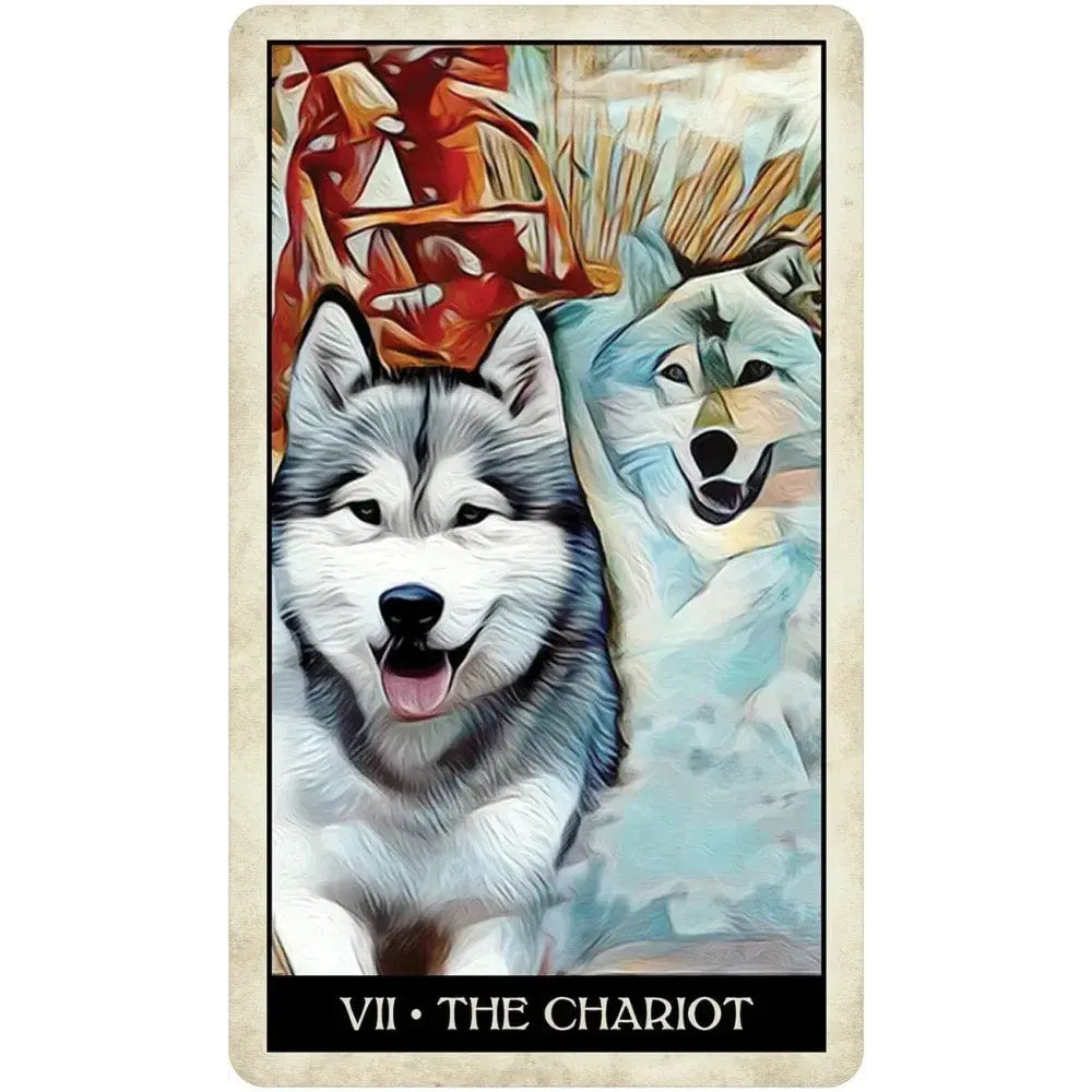 Wise Dog Tarot LV9576 Chariot card with gray and blue wolves