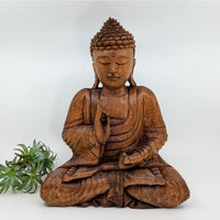 Wood Buddha carving statue displayed in Wood Buddha 14 inch Carving Statue product
