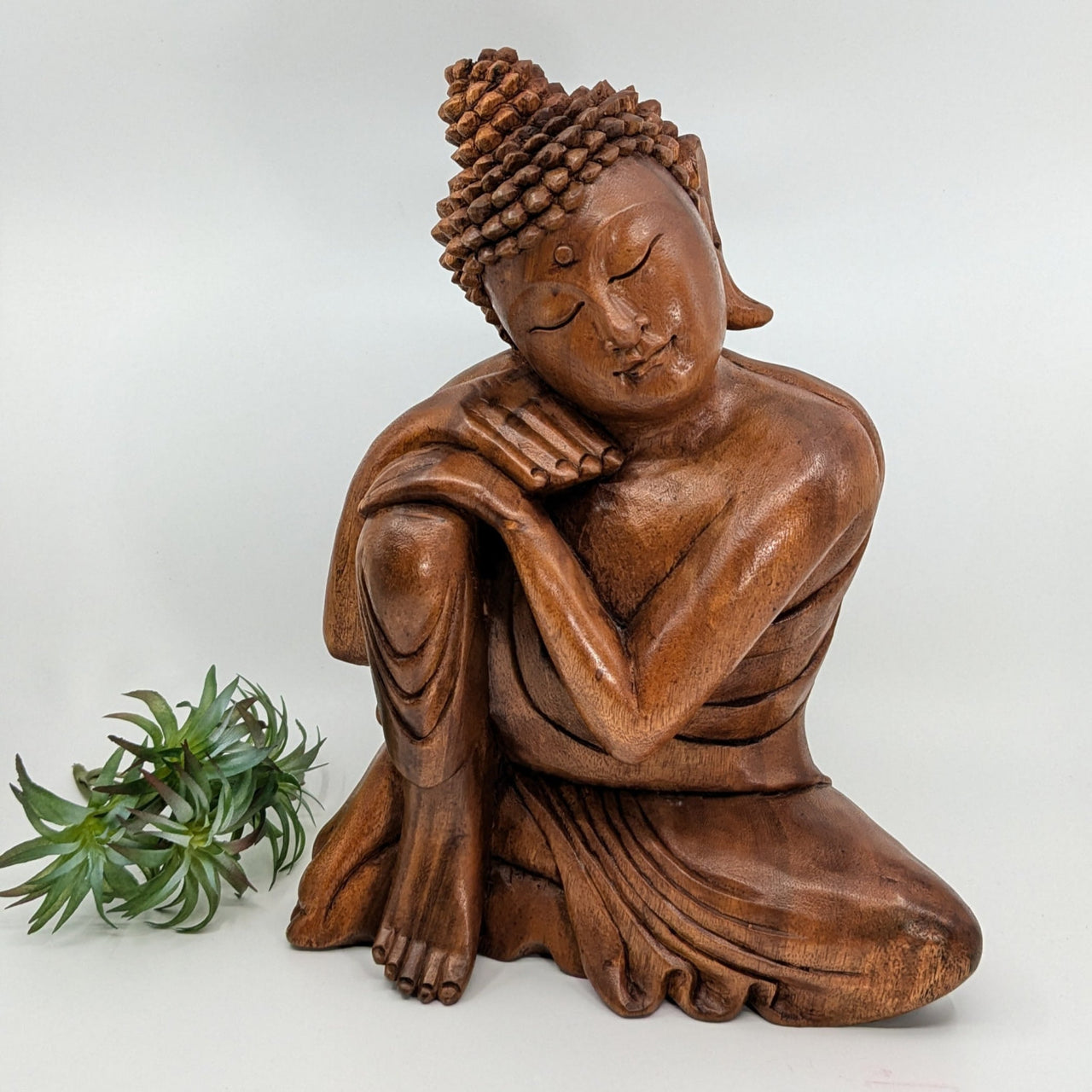 Wood Buddha 14-inch Carving Statue showcasing serene repose, ideal for wood Buddha carving statue enthusiasts