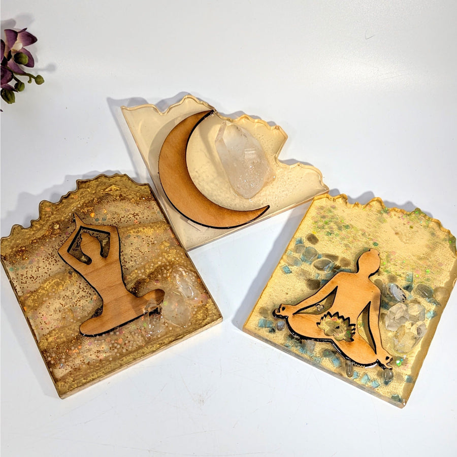 Three resin art meditation trays with crystal and glitter silhouettes