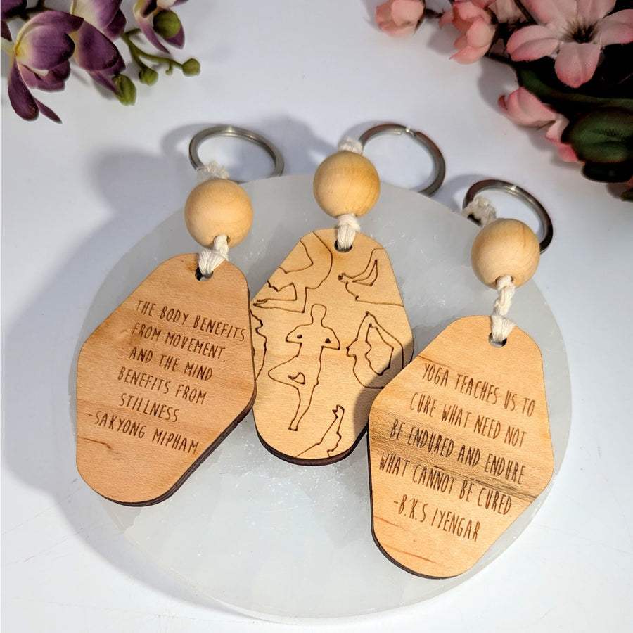 Three wood etched 6-inch yoga quote keychains with beads #NBG002