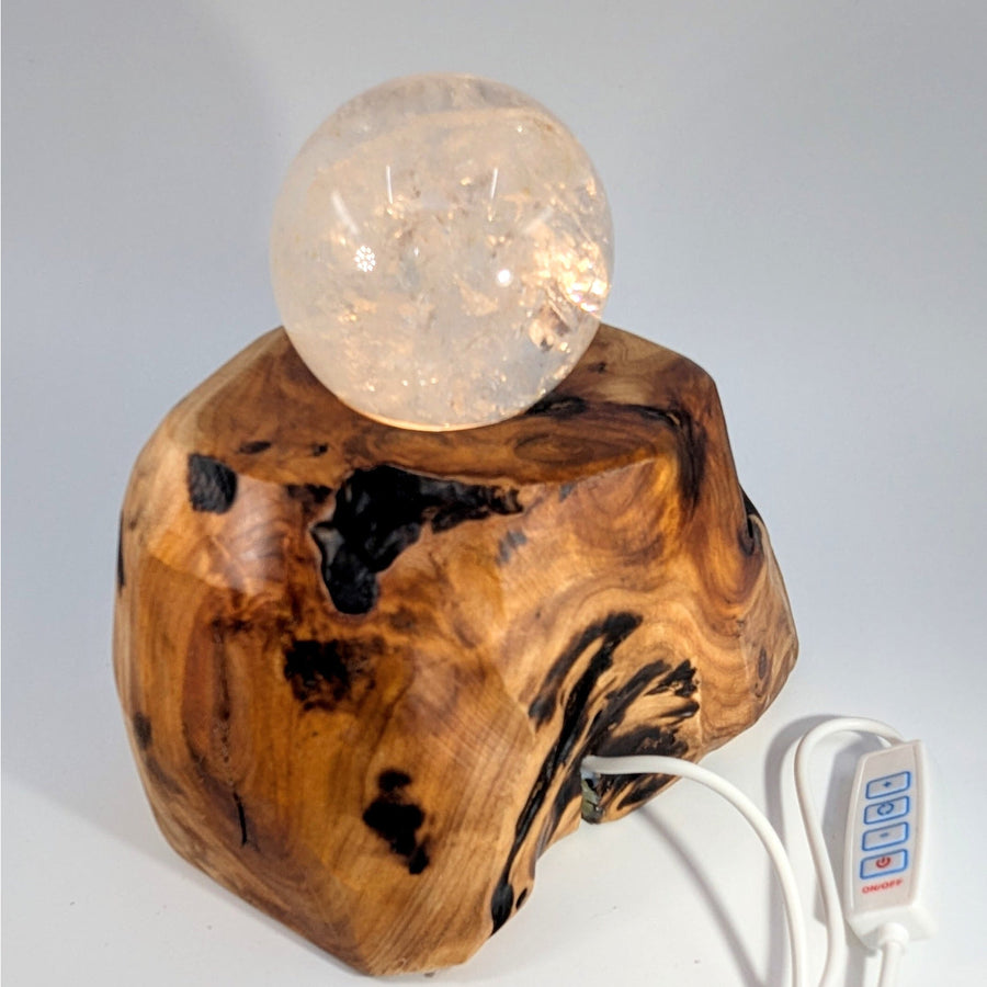 Clear faceted quartz sphere on Wood Pedestal 7.5’’ LED light base #BC0778