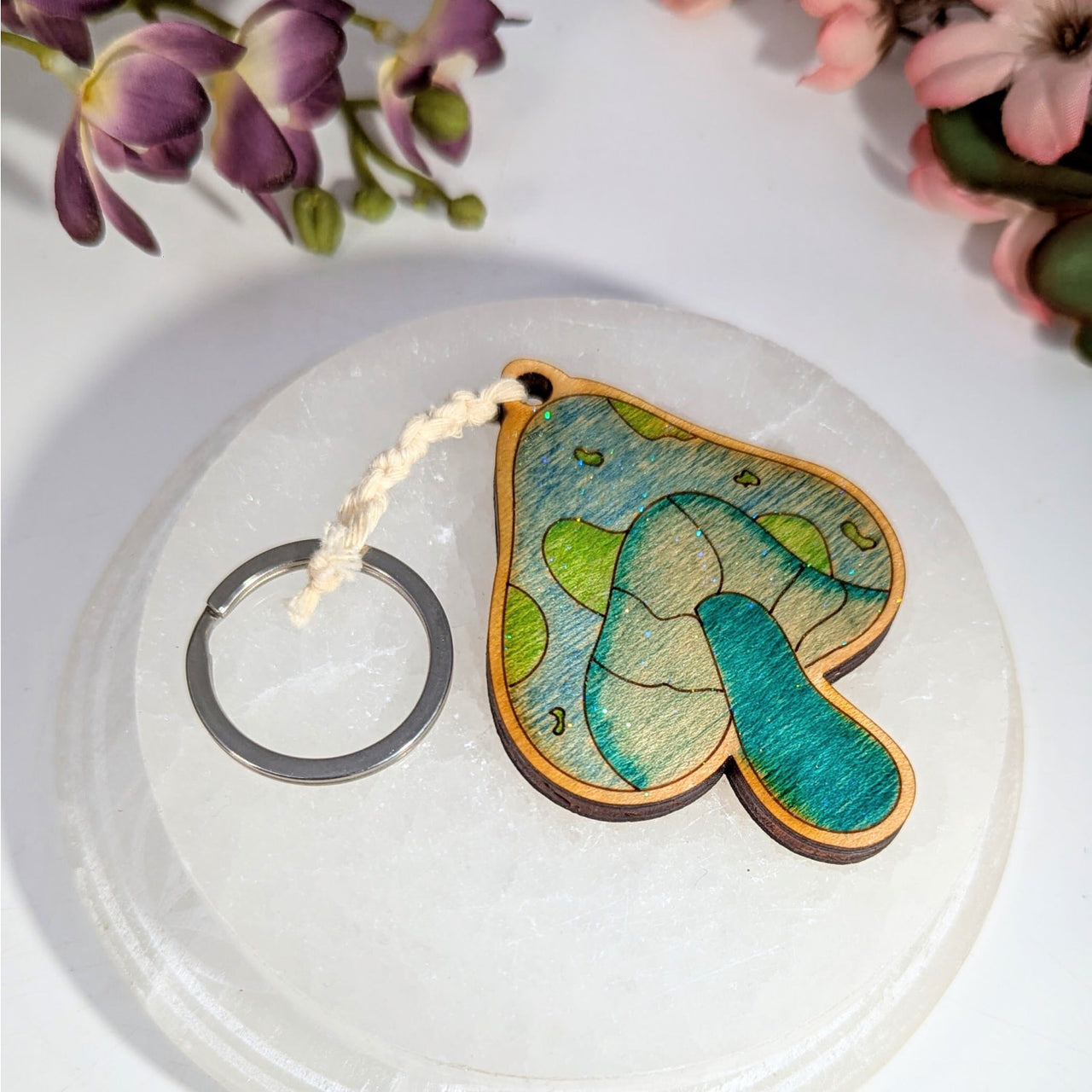 Wood and Resin 4-5.5’’ Teal Mushroom Meditation Keychain #NBG001