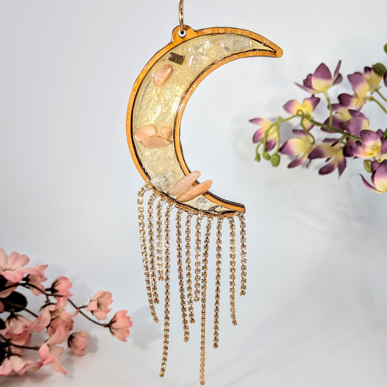 Golden crystal moon suncatcher with pink stones and tassels, 8 inch