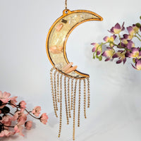 Golden crystal moon suncatcher with pink stones and tassels, 8 inch