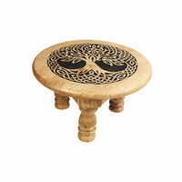 Wooden altar stool ancient tree with natural light wood finish and black celtic tree of life carving on top