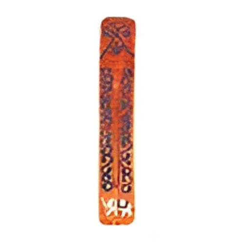 Orange and brown patterned leather grip handles on wooden incense holder Q330