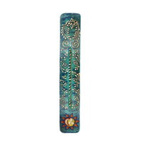 Teal painted wooden incense holder with gold floral sun-moon motif