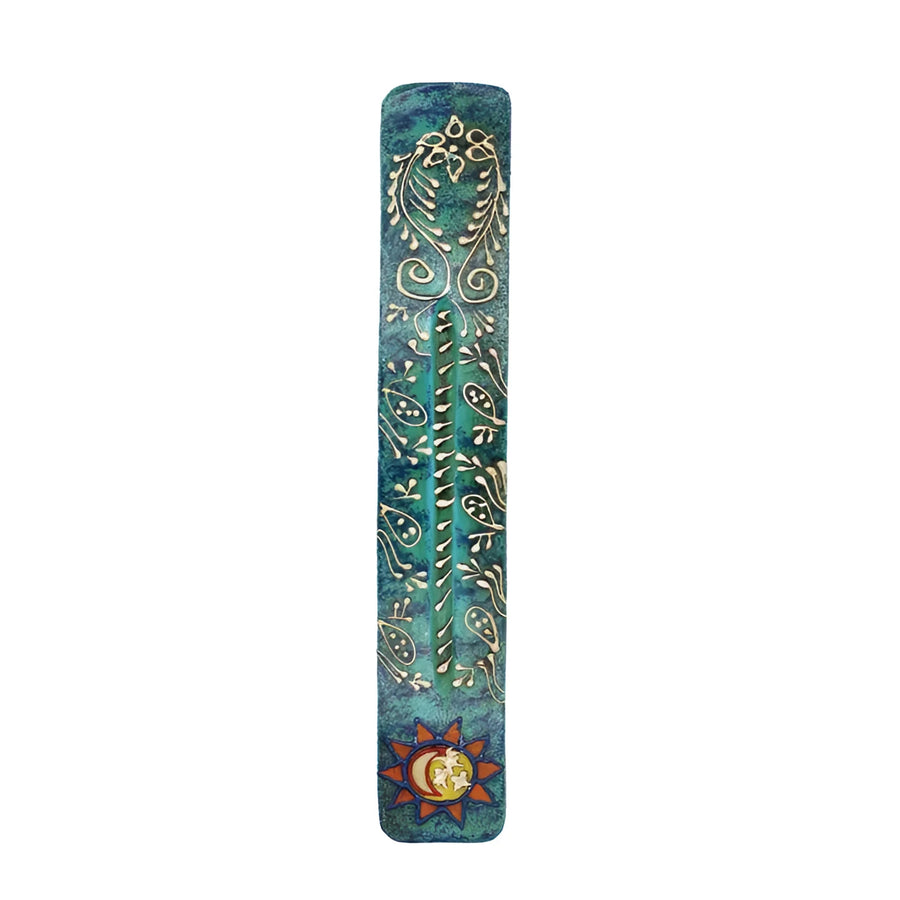 Teal painted wooden incense holder with gold floral sun-moon motif