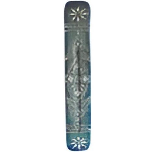 Dark teal engraved metal bar in wooden incense holder Q330 ash catcher