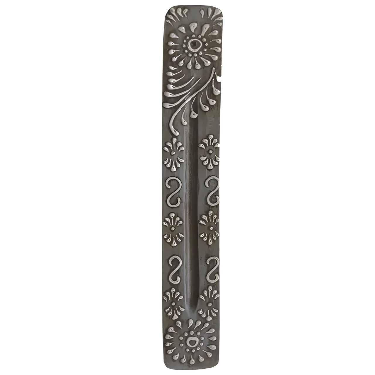 Dark gray rectangular incense burner with silver floral embossing, painted wooden holder Q330