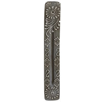 Dark gray rectangular incense burner with silver floral embossing, painted wooden holder Q330