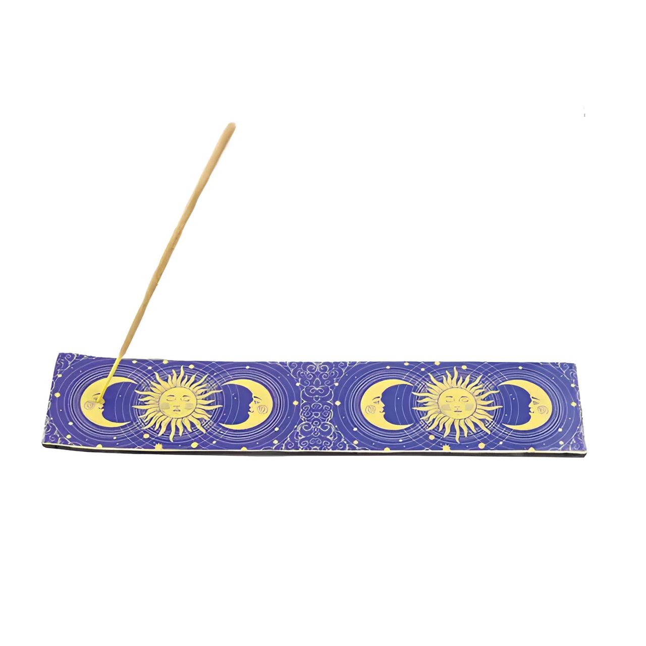 Rectangular blue incense holder with gold sun moon designs and wooden stick