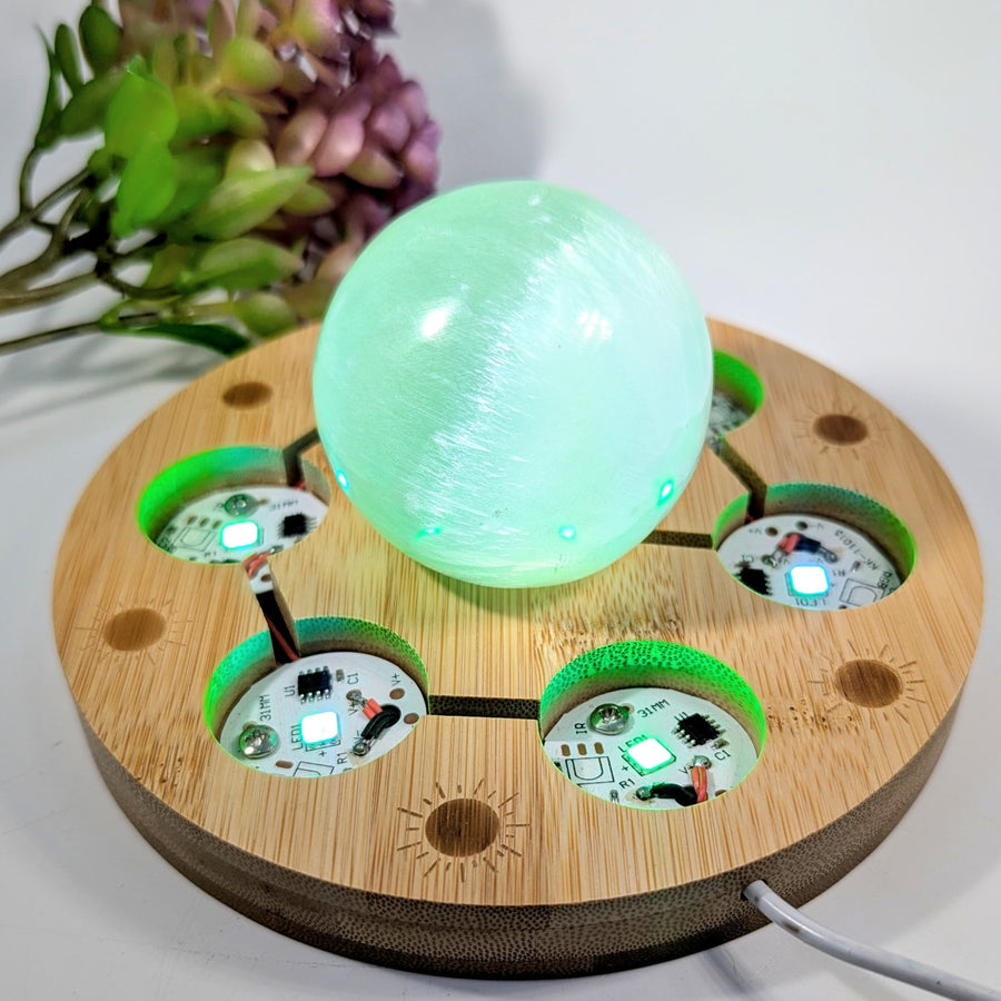 Translucent green glowing orb on 6-inch wooden LED bamboo base #BC0238
