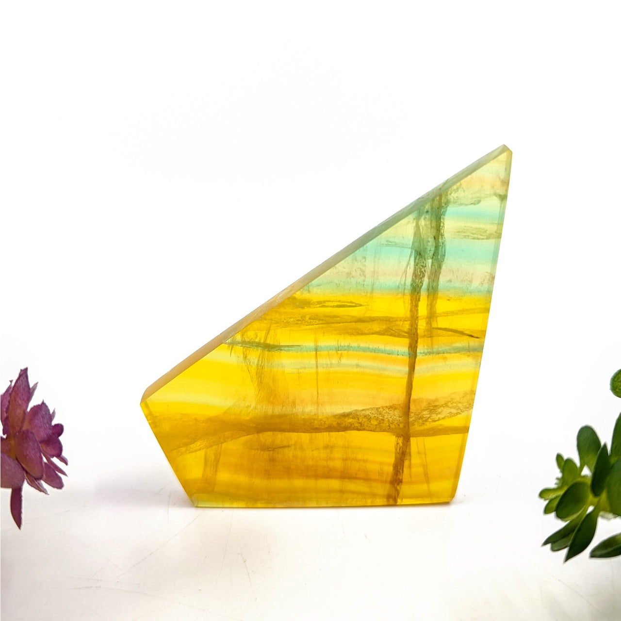 Yellow and green striped fluorite glass sculpture slab 4 inches #BC0089