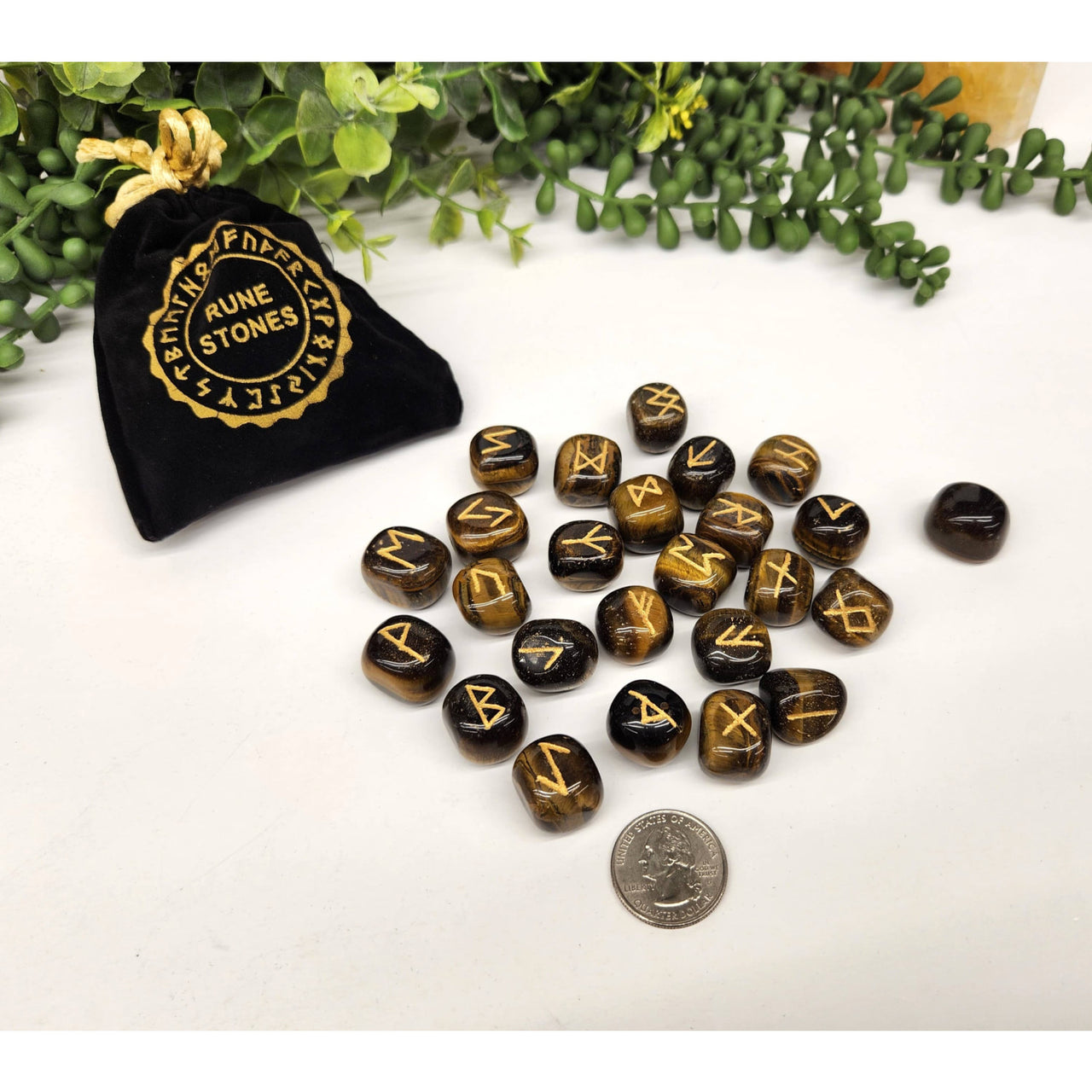 Yellow Tiger’s Eye Gemstone Rune Stones with Drawstring Velvet Pouch for Divination