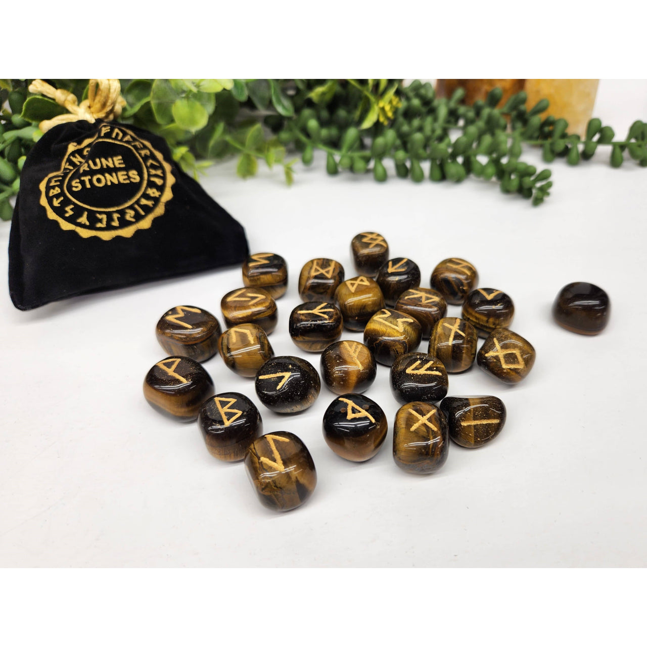 Yellow Tiger’s Eye gemstone rune stones with velvet pouch for spiritual divination