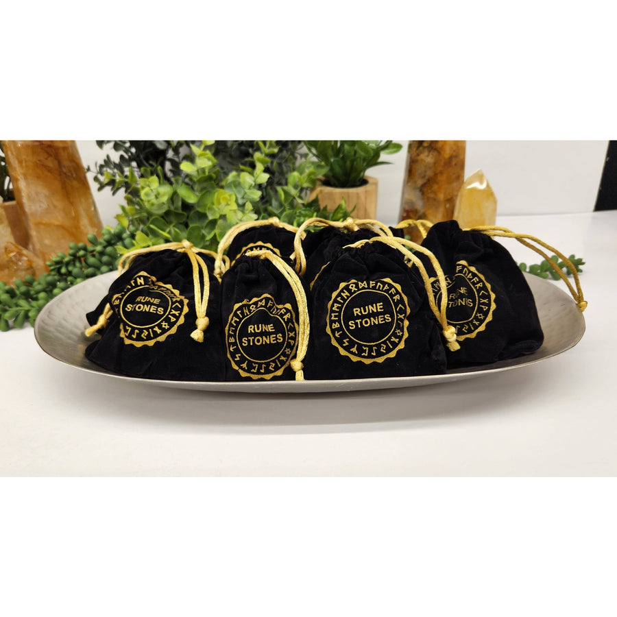 Black velvet rune stone bags for Yellow Tiger’s Eye Gemstone Rune Sets in velvet pouches
